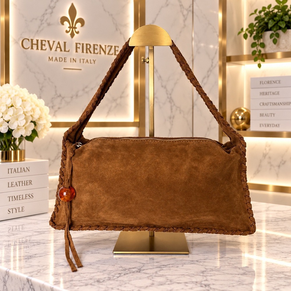 Vintage Made in Italy Suede Whipstitch Shoulder Bag Cheval Firenze Brown Boho
